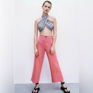 NWTags Zara Pink Tweed High Waist Cropped Wide Leg Pants size medium